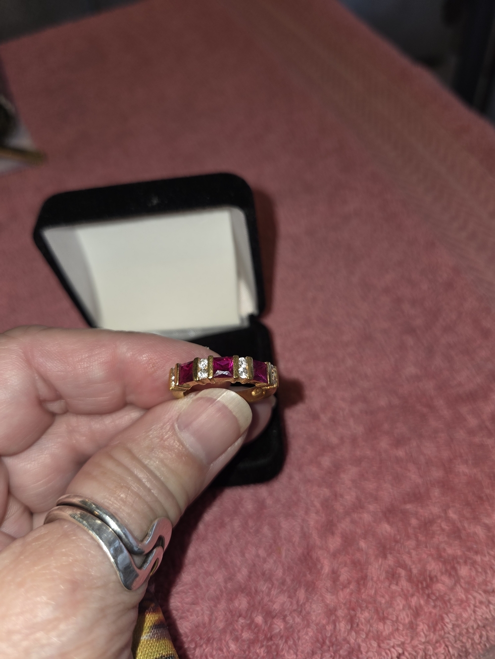 Gold Ring with Red Stones and Clear Accents